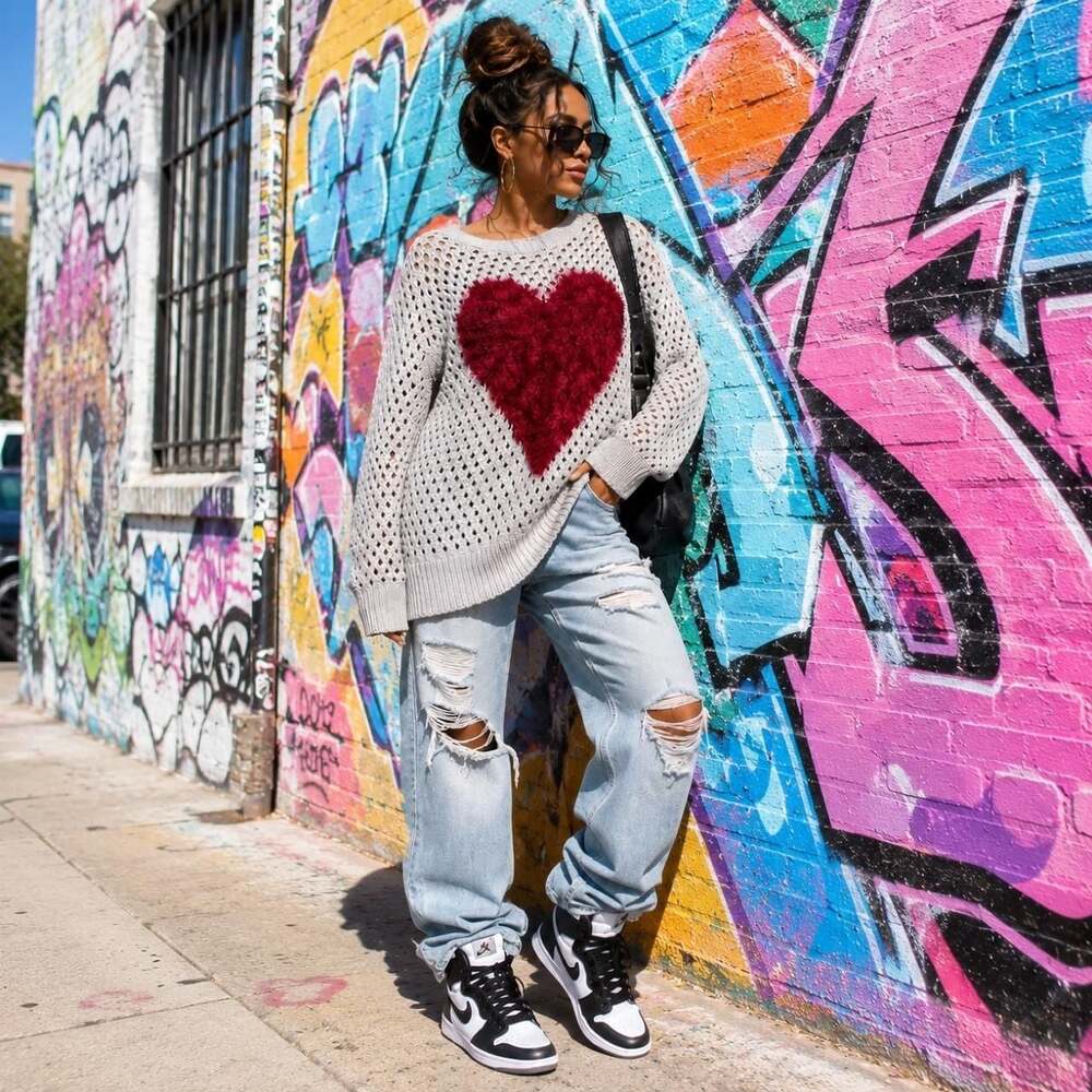ILOVECRAZY Open Knit Crewneck Sweater with Fuzzy Red Heart